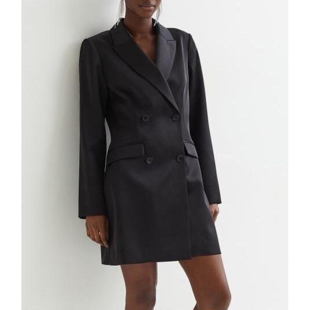 H&M sz XL Women Satin Double Breasted Black Lined Blazer Dress Career Party Chic - Picture 1 of 11